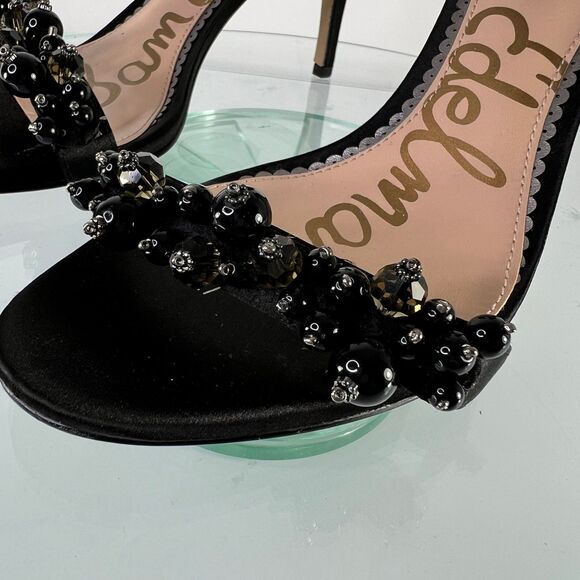 Sam Edelman Platt Heel Sandals Black Beaded Open Toe Ankle Strap Satin - Picture 3 of 7